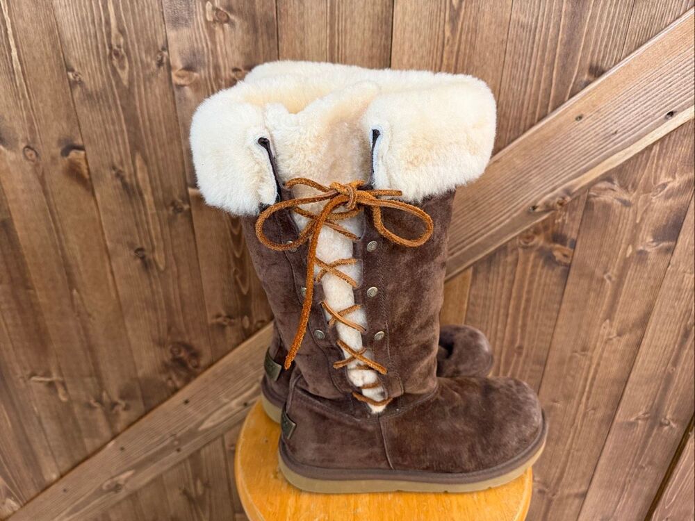 UGG Women’s Brown Suede Shearling Lace-Up Tall Boots Size 7